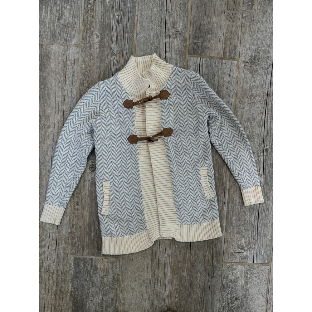 Hope & Henry Herringbone Toggle Cardigan Kids S Blue Cream Excellent Organic
